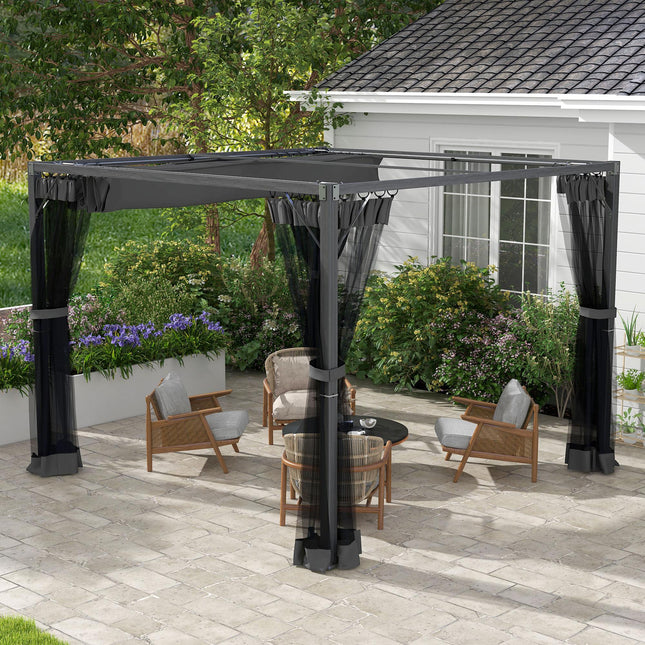 3 x 3 Metre Retractable Pergola With Mesh Curtains - Dark Grey