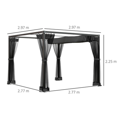 3 x 3 Metre Retractable Pergola With Mesh Curtains - Dark Grey