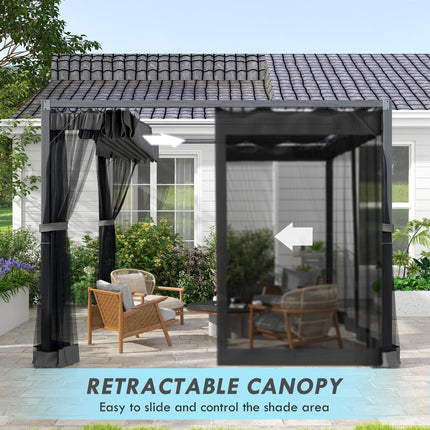 3 x 3 Metre Retractable Pergola With Mesh Curtains - Dark Grey