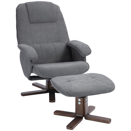 Linen Swivel Recliner Armchair with Footstool and Wooden Base - Grey