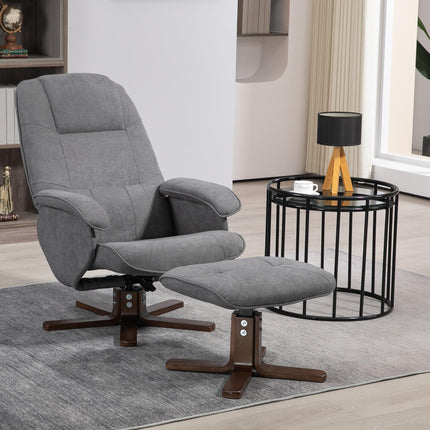 Linen Swivel Recliner Armchair with Footstool and Wooden Base - Grey