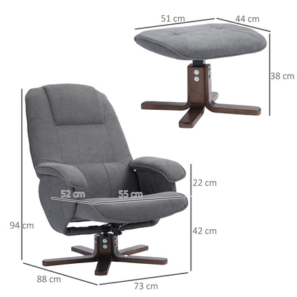 Linen Swivel Recliner Armchair with Footstool and Wooden Base - Grey