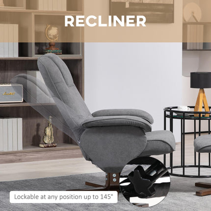 Linen Swivel Recliner Armchair with Footstool and Wooden Base - Grey