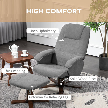 Linen Swivel Recliner Armchair with Footstool and Wooden Base - Grey