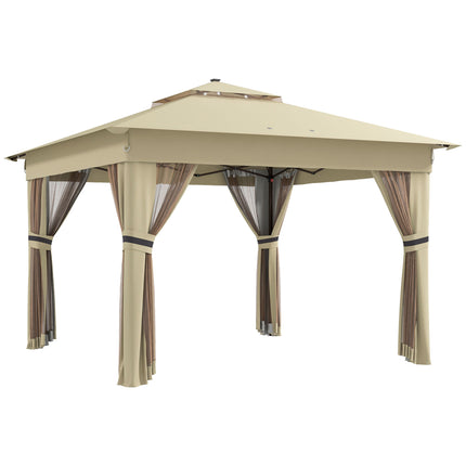 3 x 3m Pop Up Gazebo with Solar LED Lights, Adjustable Frame, Netting & Curtain - Khaki