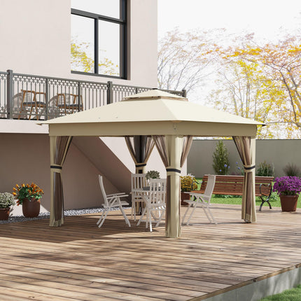 3 x 3m Pop Up Gazebo with Solar LED Lights, Adjustable Frame, Netting & Curtain - Khaki