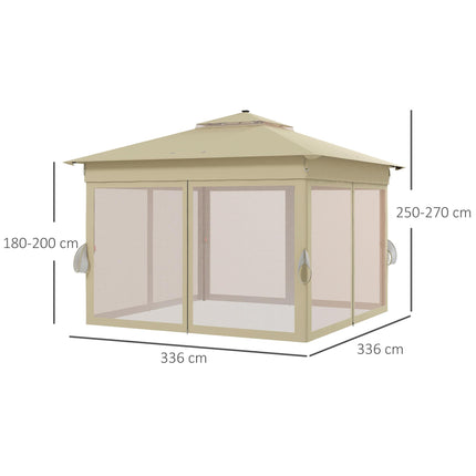 3 x 3m Pop Up Gazebo with Solar LED Lights, Adjustable Frame, Netting & Curtain - Khaki