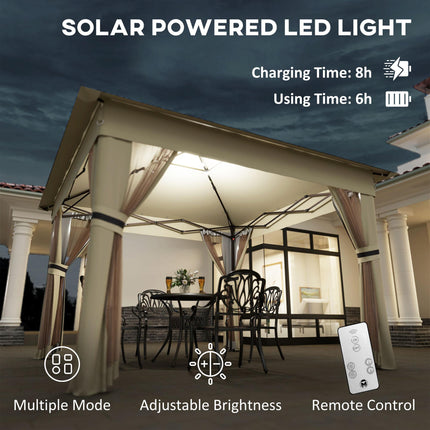 3 x 3m Pop Up Gazebo with Solar LED Lights, Adjustable Frame, Netting & Curtain - Khaki