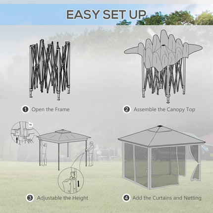 3 x 3m Pop Up Gazebo with Solar LED Lights, Adjustable Frame, Netting & Curtain - Khaki