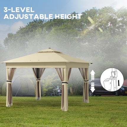 3 x 3m Pop Up Gazebo with Solar LED Lights, Adjustable Frame, Netting & Curtain - Khaki