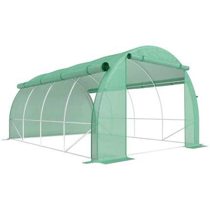 Walk-In Polytunnel Greenhouse Tent with Roll-Up Sidewalls and Zipped Door - Green