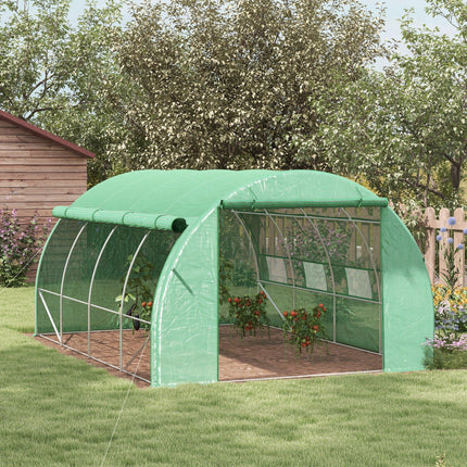 Walk-In Polytunnel Greenhouse Tent with Roll-Up Sidewalls and Zipped Door - Green