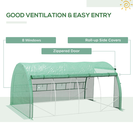 Walk-In Polytunnel Greenhouse Tent with Roll-Up Sidewalls and Zipped Door - Green