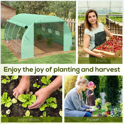 Walk-In Polytunnel Greenhouse Tent with Roll-Up Sidewalls and Zipped Door - Green