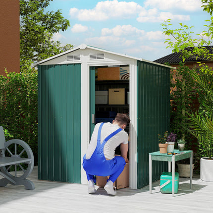 Metal Garden Tool Storage Shed with Sliding Door and Floor Foundation - Green