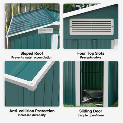 Metal Garden Tool Storage Shed with Sliding Door and Floor Foundation - Green