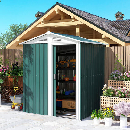 Metal Garden Tool Storage Shed with Sliding Door and Floor Foundation - Green