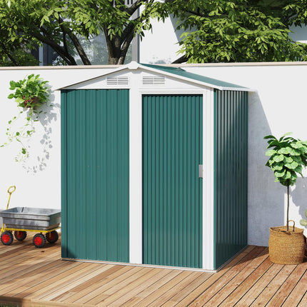 Metal Garden Tool Storage Shed with Sliding Door and Floor Foundation - Green