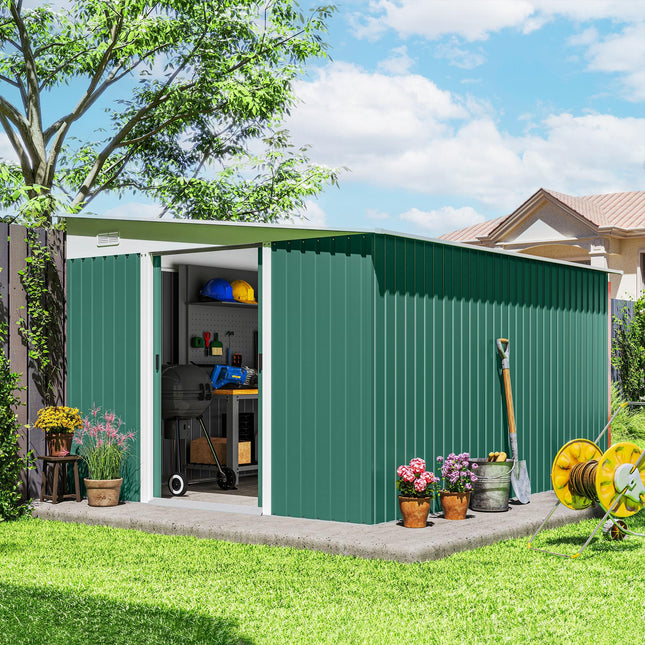 Metal Garden Storage Shed with Double Sliding Doors and Ventilation - Green
