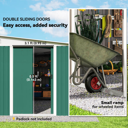 Metal Garden Storage Shed with Double Sliding Doors and Ventilation - Green