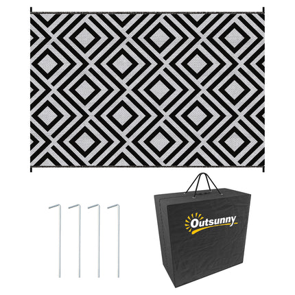 Reversible Outdoor Rug Set with Carry Bag and Ground Stakes - Black and White