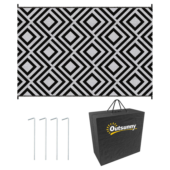 Reversible Outdoor Rug Set with Carry Bag and Ground Stakes - Black and White
