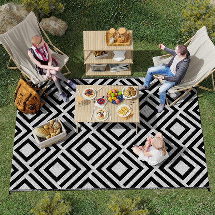 Reversible Outdoor Rug Set with Carry Bag and Ground Stakes - Black and White