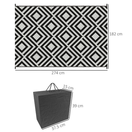 Reversible Outdoor Rug Set with Carry Bag and Ground Stakes - Black and White