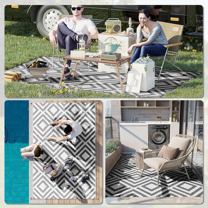 Reversible Outdoor Rug Set with Carry Bag and Ground Stakes - Black and White