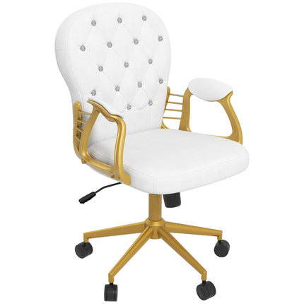 Height Adjustable Button Tufted Home Office Chair with Padded Armrests and Tilt Function - Cream White