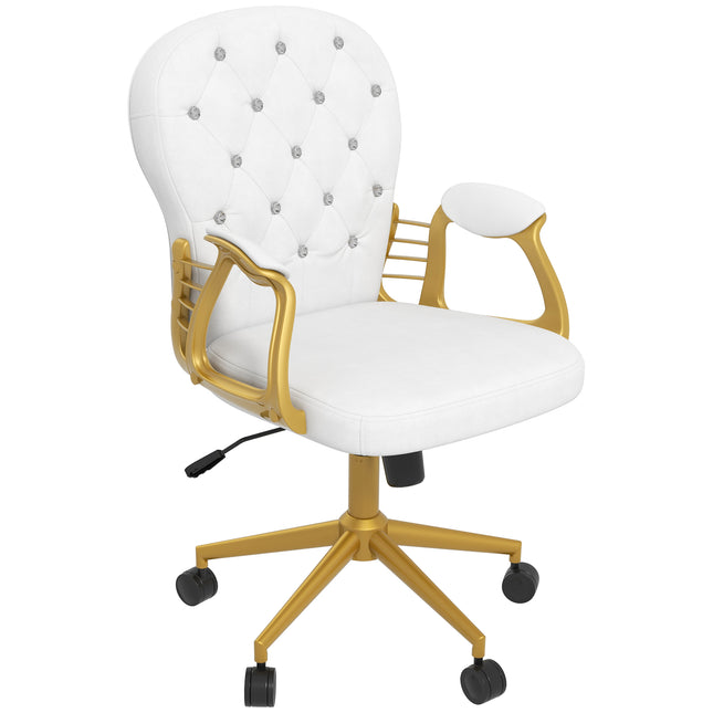 Height Adjustable Button Tufted Home Office Chair with Padded Armrests and Tilt Function - Cream White