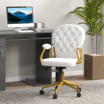 Height Adjustable Button Tufted Home Office Chair with Padded Armrests and Tilt Function - Cream White