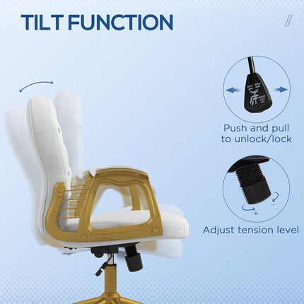 Height Adjustable Button Tufted Home Office Chair with Padded Armrests and Tilt Function - Cream White