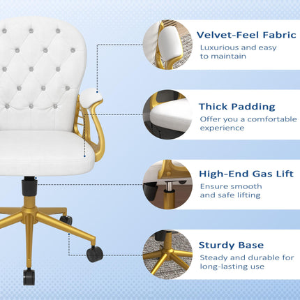Height Adjustable Button Tufted Home Office Chair with Padded Armrests and Tilt Function - Cream White