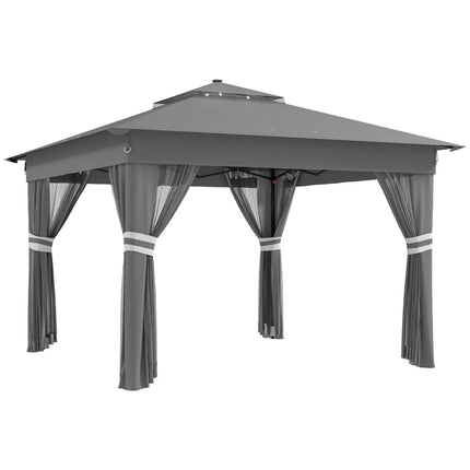 3 x 3m Pop Up Gazebo Party Tent with Solar LED Lights, Adjustable Shelter with Curtain & Netting - Grey