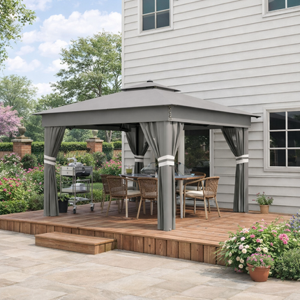 3 x 3m Pop Up Gazebo Party Tent with Solar LED Lights, Adjustable Shelter with Curtain & Netting - Grey