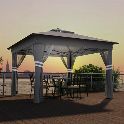 3 x 3m Pop Up Gazebo Party Tent with Solar LED Lights, Adjustable Shelter with Curtain & Netting - Grey