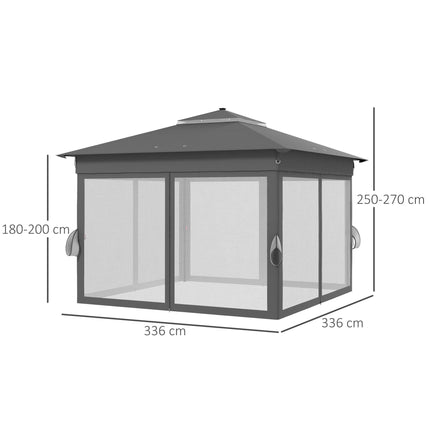 3 x 3m Pop Up Gazebo Party Tent with Solar LED Lights, Adjustable Shelter with Curtain & Netting - Grey