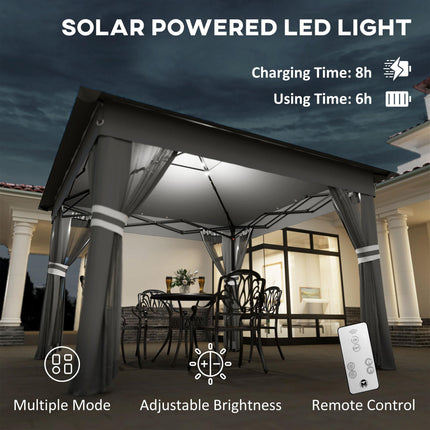 3 x 3m Pop Up Gazebo Party Tent with Solar LED Lights, Adjustable Shelter with Curtain & Netting - Grey