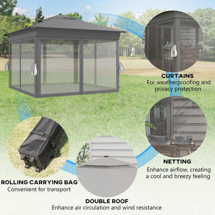 3 x 3m Pop Up Gazebo Party Tent with Solar LED Lights, Adjustable Shelter with Curtain & Netting - Grey
