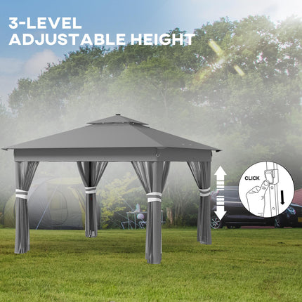 3 x 3m Pop Up Gazebo Party Tent with Solar LED Lights, Adjustable Shelter with Curtain & Netting - Grey