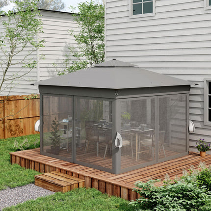 3 x 3m Pop Up Gazebo Party Tent with Solar LED Lights, Adjustable Shelter with Curtain & Netting - Grey