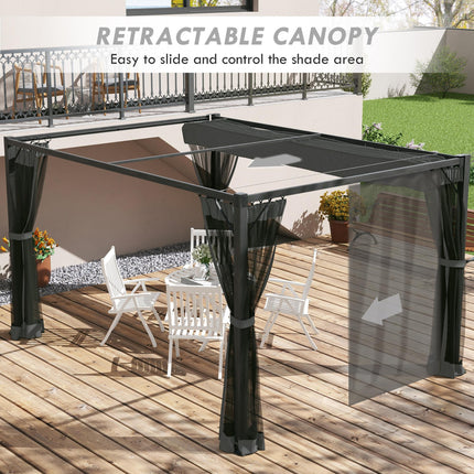 Set of 3 Retractable Pergola Gazebo with Nettings for Outdoor Shade - Dark Grey