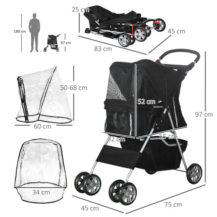 Pet Travel Stroller with Rain Cover, 4 Wheels Foldable Travel Carriage with Whee