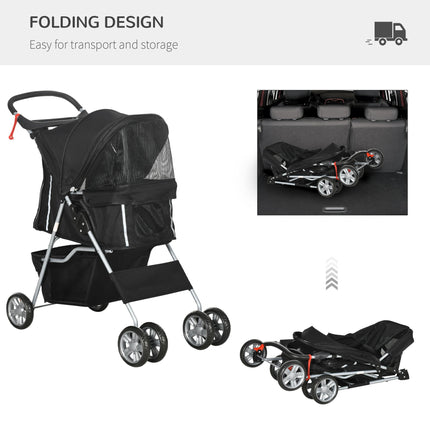 Pet Travel Stroller with Rain Cover, 4 Wheels Foldable Travel Carriage with Whee