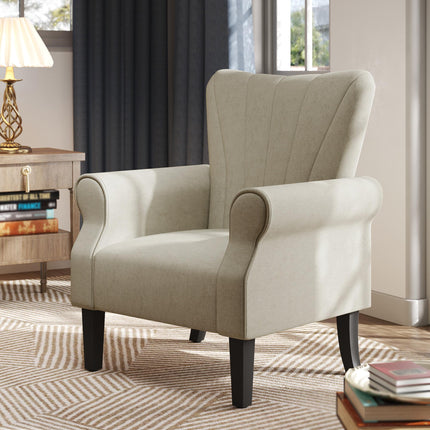 Plush Upholstered High Back Accent Chair with Rolled Arms - Beige