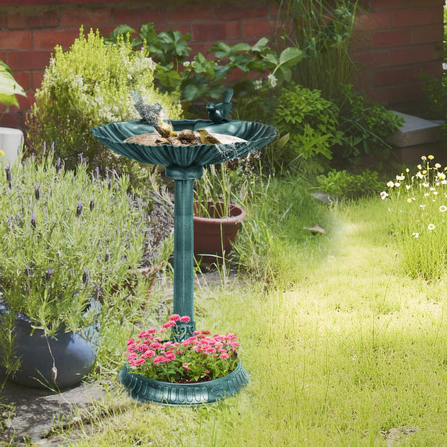 81cm Vintage Style Bird Bath with 2 Decorative Birds and Flower Planter Base - Green