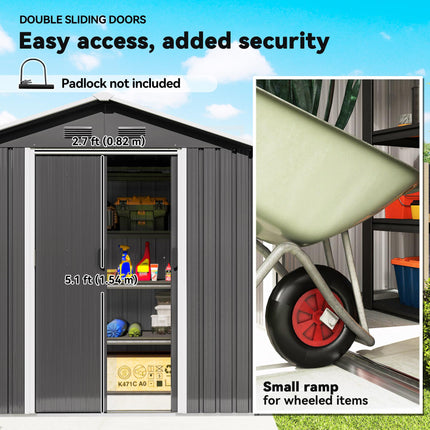 Metal Garden Storage Shed with Double Sliding Doors and Vents - Dark Grey