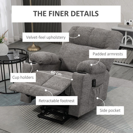 Oversized Power Lift Riser Recliner Chair with Cup Holders - Grey Velvet Feel