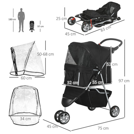 Pet Travel Stroller with Rain Cover, 3 Wheels Foldable Cat Dog Pushchair with Rain Cover 3 Wheels Foldable Cat Dog Pushchair With St
